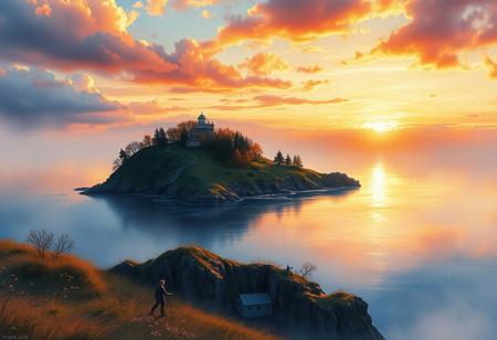 "A lonely island at sunset", Romanticism!!! Highly detailed watercolor poster art, UHD, centered composition, By Wadim Kashin, By Beeple and RHADS, photorealistic, hyperrealism.