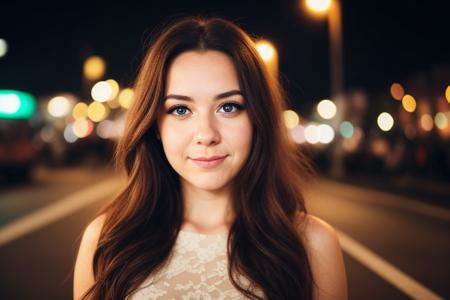 instagram photo, closeup face photo of 18 y.o swedish woman in dress, beautiful face, makeup, night city street, bokeh, motion blur