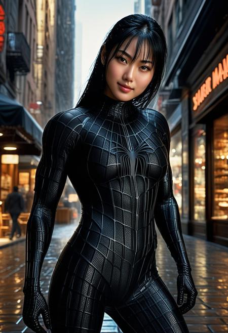 score_9, score_8_up, score_7_up, best quality, realistic, masterpiece, beautiful detail, hyperrealistic, cafe, ((1girl, woman body, huge breasts)), amazing detailed full body portrait of a beautiful japanese girl, wearing a realistic and highly detailed black raimi spider-man suit, ((huge muscular girl)), professional model wears ultra - detailed and grained black raimi spider - man suit, suit covered entire body and hand, spiderman gloves, wet, (full body), (hand on chin, spread leg), sweet smile, black hair, octane render, highly detailed, volumetric, dramatic lighting, (highest quality:1.1), (HDR:1.3), (top quality, best quality), realistic, high definition, Expressionism - sharp focus, professional photography, masterpiece, ultra detailed photograph, high quality, 8k,