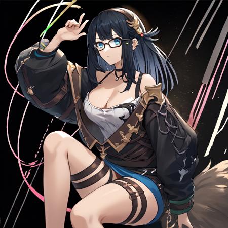 illnott, glasses, 1girl, black hair, blue eyes, long hair, cleavage, hairband, ear piercing, large breasts, off shoulder jacket, thigh strap, choker