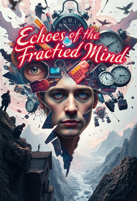 The phrase "Echoes of the Fractured Mind" appears in elegant, yet slightly distorted calligraphy, integrated into the surreal landscape. Hyper-detailed, with a mix of photorealistic and abstract elements. Rich, oversaturated colors blend with areas of stark, clinical whiteness.
A digital art piece visualizing the inner world of schizophrenia. Fragmented reality splinters across the canvas, with multiple perspectives and timelines overlapping. Vivid hallucinations materialize: eyes peek from impossible places, whispered words become tangible, floating text. Paranoid delusions manifest as shadowy figures with malevolent grins lurking at the edges. 
Intense emotions swirl in neon colors - fear, confusion, and fleeting moments of clarity. Everyday objects morph into surreal, threatening forms. A cacophony of voices represented by swirling, chaotic patterns. Time distorts, with clocks melting and numbers scrambling.
Central to the image, a fragmented self-portrait struggles for coherence amidst the chaos. Layers of perception peel away, revealing both inner torment and moments of profound insight. Symbols of disconnection - frayed neural pathways, shattered mirrors - contrast with images of hope and resilience.