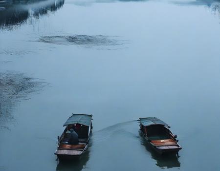 jiangnan, two boats are in the water with a man in the front of them and a man in the back of the boat, watercraft, scenery, monochrome, tree, outdoors, ship, sky, snow, cloud  <lora:jiangnan:1>