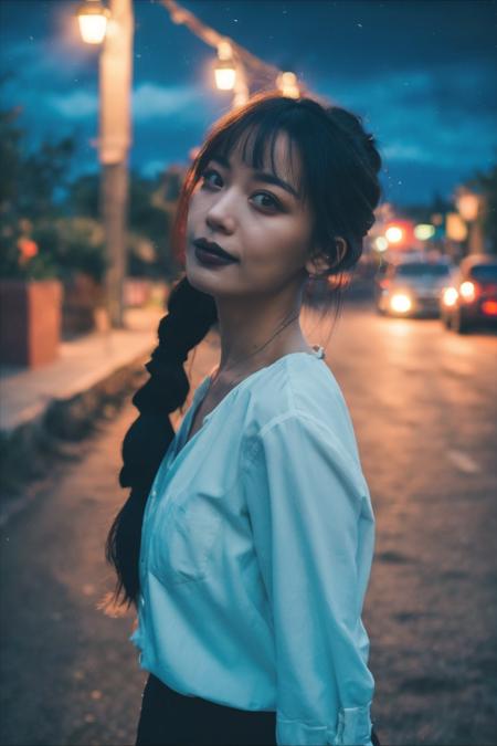 a girl standing alone in front of an old,shabby,film grain,depth of field,analog film style,vivid color,1girl,slender body,full body,beautiful eyes,beautiful symmetrical face,ponytail,bangs,blouse,skirt,fog,(night, dark, dark photo, grainy, dimly lit:1.3),(masterpiece:1.2),best quality,high quality,(realistic),(absurdres:1.2),UHD,ultrarealistic,noise,<lora:JPfilmColor_Heavy_grain:0.5>,<lora:chinese-girl:0.8>,upper_body,in summer,city,dusk,sunset,cirrostratus_fibratus,bokeh,