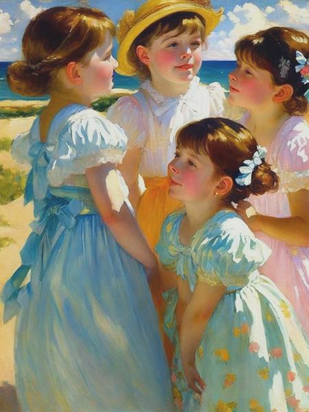 <lyco:MaryCassatt:1.0> mary cassatt,A group of little girls looked up at the sky with expressions of expectation and surprise,full body