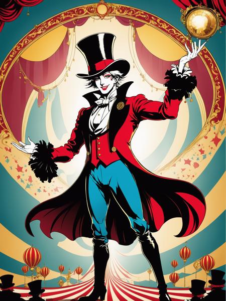 graphical anime portrait of A charismatic and flamboyant ringmaster, presiding over a grand circus:1.3, with an exuberant personality:1.3, adorned in extravagant costumes:1.3, a captivating smile:1.3, and a world of wonder under the big top:1.3., Grunge , <lora:Fusion_Graphic_SDXL:1>