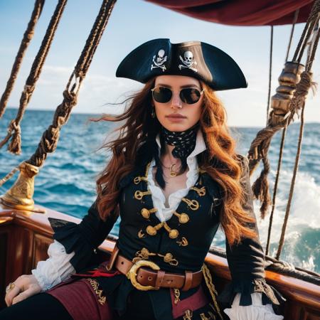 Skin Texture, Instagram iPhone Portrait photo of a woman wearing a pirate outfit on the open seas, Nikon Z9, (sharp focus), (high quality), mxpetsch , <lora:mapetsch_juggerX_xl_1_wocap-mxpetsch-000104:1>