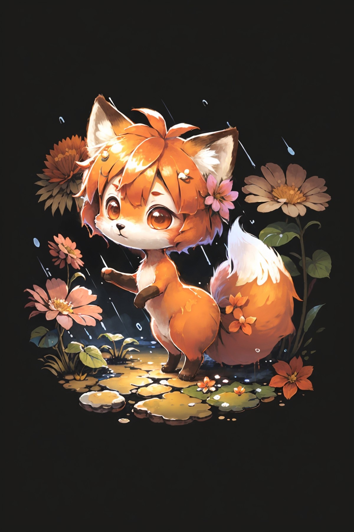 cute00d,  chibi fox with tiny tail, rain, flower, <lora:cute00d-000020:.7>