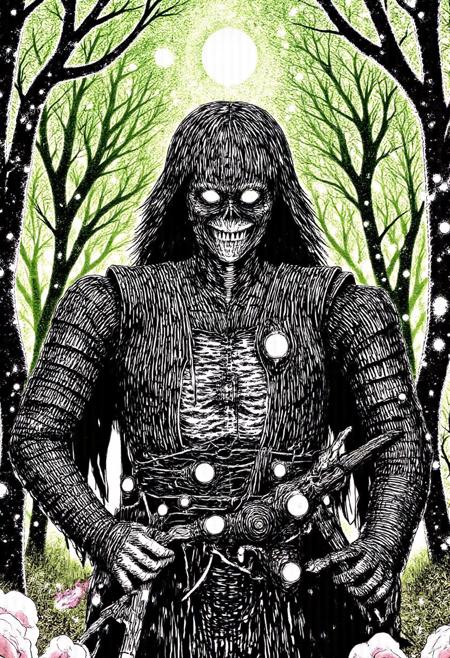 jitostyle poster, Eddie as Dressed in samurai armor. Helmet with a facemask. Facemask has wicked grin. Glowing green pupils. Drawing Katana in a Japanese forest with cherry blossoms falling from the trees.