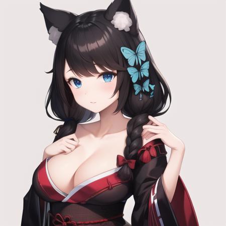 (masterpiece, best quality:1.2),illustration,8k,hd,absurdres,1girl,solo,upper body,(portrait:1.2),fusou (azur lane),animal ears,bangs,bell,black hair,black kimono,blue eyes,butterfly hair ornament,cat ears,cleavage,collarbone,eyebrows visible through hair,hair bow,hair ornament,japanese clothes,jingle bell,large breasts,long hair,low ponytail,obi,ribbon-trimmed clothes,ribbon trim,sash,side ponytail,swept bangs,tassel,white thighhighs,wide sleeves,zettai ryouiki,<lora:Fusou(azur)>,