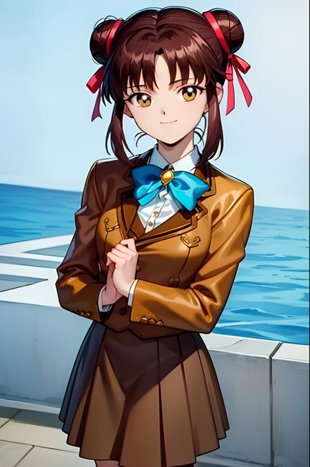 (exceptional, best aesthetic, new, newest, best quality, masterpiece, extremely detailed), 1girl, solo, yuukimiaki, hair_bun, hair_ribbon, smile, looking_at_viewer, blue_bow, brown_jacket, skirt