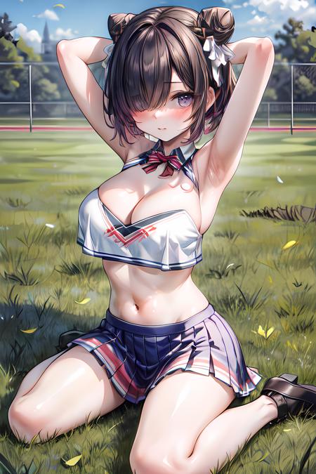 (((masterpiece))),highres,absurdres,(((best quality))),official art,<lora:add_detail>,perfect lighting,looking at viewer,park,on grass,full body,wariza,
1girl,hmsjervis,hair over one eye,dark hair,two-tone hair,double bun,cheerleader,cleavage,blush,embarrassed,<lora:JervisAzurLane-09:0.7>,arms up,pom pom \(cheerleading\),armpits,