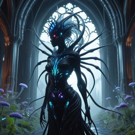lazypos, masterpiece, best quality, amazing quality, very aesthetic, absurdres, DonMX3n0XL, biomimetic, organic, cyber, haunting, a regal alien queen with a crown of translucent bone flora, veins pulsing with bioluminescent light, tendrils flowering from her back, standing in a decaying cathedral of rib-like arches
