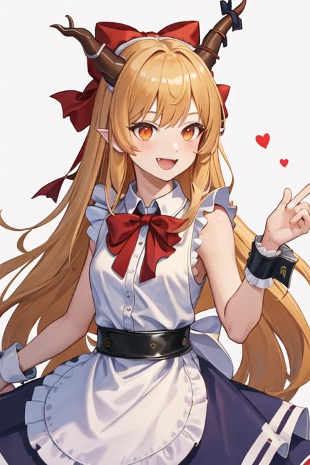 best quality, masterpiece, highres, solo, {maid:1.40}, {long maid dress:1.15}, {ibuki_suika_touhou:1.15}, horns, bow, long_hair, hair_bow, ribbon, horn_ornament, sleeveless, horn_ribbon, smile, orange_hair, red_bow, chain, wrist_cuffs, bangs, open_mouth, very_long_hair, blonde_hair