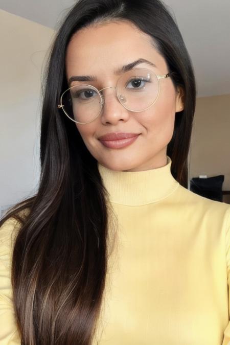 Photo of beautiful jul13tt3 woman, detailed face slight smile, (blurred background)+, light yellow turtleneck blouse, glasses, makeup

Negative Prompt:

teeth, earrings, illustration, bad anatomy, blurry, fuzzy, disfigured, tiling, deformed, mutated, out of frame, cloned, watermark, text