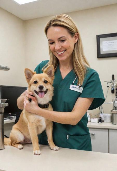 Veterinary clinic view of a Canadian veterinarian, 35 years old, blending professional care with an air of gentle allure, kind, nurturing face, attending to animals in a bustling Toronto animal clinic. She's examining a small dog, her movements gentle and assured, a soft, reassuring smile directed towards the pet owner.
Her hair, long and honey-blonde, is pulled back into a neat bun, practical for her work yet softening her features. 
She has a slender, nurturing build. Dressed in a (crisp, fitted lab coat) over a (light, patterned blouse) and (comfortable slacks), her outfit is both professional and subtly charming.
 sharp focus, high resolution, (blush, eye_wrinkles:0.6), (goosebumps:0.5), subsurface scattering, ((skin pores)), (detailed skin texture), (( textured skin)), realistic dull (skin noise), visible skin detail, skin fuzz, dry skin, hyperdetailed face, sharp picture, sharp detailed, (((analog grainy photo vintage))),
 unbuttoned sweater, revealing shoulders, (best quality, high quality, photograph, hyperrealism, masterpiece, 8k:1.3), mestizo, burly, white shaggy hair, legskin, dark skin, smile, (low-key lighting, dramatic shadows and subtle highlights:1.1),