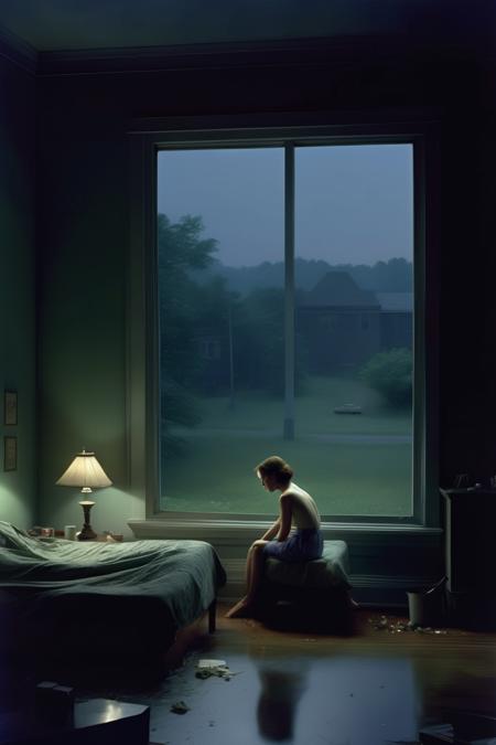 <lora:Gregory Crewdson Style:1>Gregory Crewdson Style - woman sleeping on the floor next to a big window at night Gregory crewdson