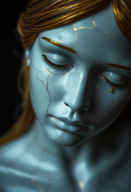 Closeup of a Cracked Porcelain woman, sad face, gold hair, kintsugi, cracks repaired with gold, golden tear drops, surrealistic, dark background, dramatic light