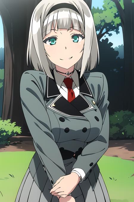 masterpiece, 1girl, anna nishikinomiya, short hair, silver hair, standing, skirt, jacket, necktie, aqua eyes, smile, outside, forest, grass, beautiful