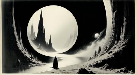 ORIGINAL PROMPT: An artwork done in the style of (dave sim:1.4), as a (photogravure:1.6).
A surrealistic Portal Fantasy scene.
PRODUCTION PROMPT: Original prompt was used.