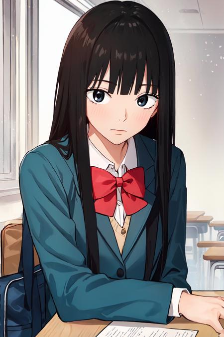 ((best quality)),((highly detailed)),masterpiece,absurdres,detailed face,beautiful face,((detailed eyes, deep eyes)),(1girl),((dynamic pose)),   <lora:SawakoV1:0.7>sawako, 1girl, black hair, solo, long hair, school uniform, desk, bag, classroom, sitting, school desk, chair, jacket, bow, indoors, bangs, blazer, black eyes, blunt bangs, looking down, hime cut, shirt, red bow, bowtie, long sleeves