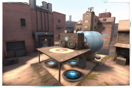 masterpiece, (perfect lighting), absurdres,
tf2map, spytech, industrial, badlands, no humans, blue, outdoors, official, spawn, <lora:tf2map:1.3>, (amongus),  cart, payload, <lora:amongUsLORAV1_v10:0.4>