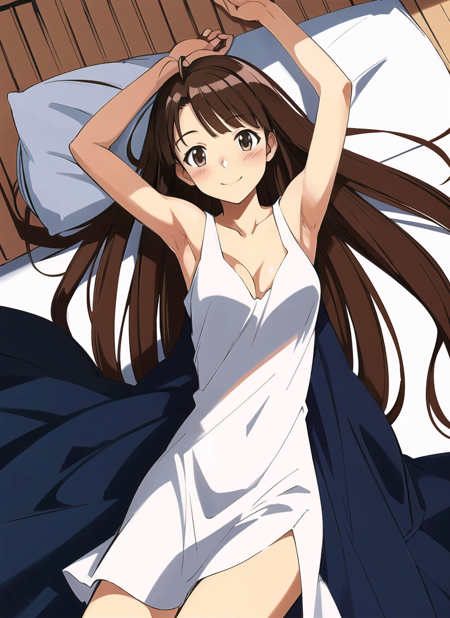 akamatsu ken <lora:akamatsu_ken_offset:1.2> narusegawa naru,  masterpiece, best quality, pencil sketch, 1girl, antenna hair, armpits, blush, breasts, brown eyes, brown hair, cleavage, dress, hair spread out, long hair, lying, medium breasts, on back, sleeping, sleeveless, smile, solo, turtle, very long hair