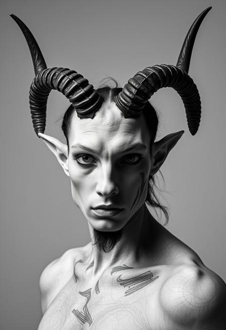 full shot of a beautiful hybrid human creature, poetic, abstract, horns, black and white Photography studio style, high contrast,hard lights, dynamic shadows, white background