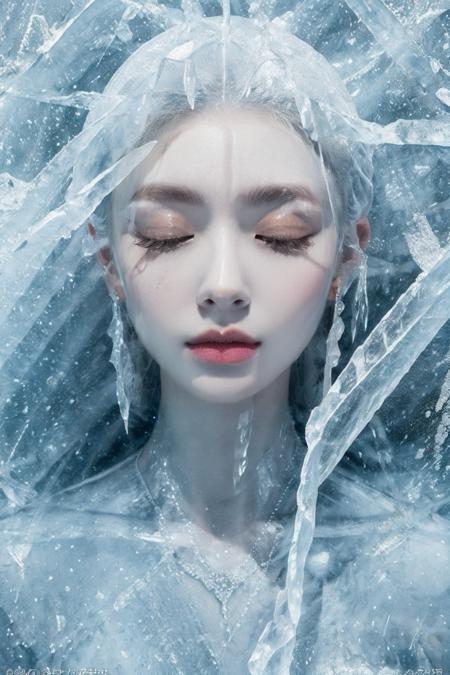 (Masterpiece, high quality, best quality, official art, beauty and aesthetics:1.2),ice and water,(ice:1.4),ice cone,ice circle,1girl,solo,Ice wraps around the girl (lingering:1.2),(white chinese clothes:0.8),space,((extremely detailed ink background)),((flat color)),{{ink splashing}},frost nova,ice ring,a bit like circular magic,facing camera,<lora:ice cake_20231126200433-000018:0.7>,extremely detailed 8K wallpaper,(an extremely delicate and beautiful),intricate detail,exquisite eyes,sky,ice bound,ice cake,closed eyes,ice cracks,