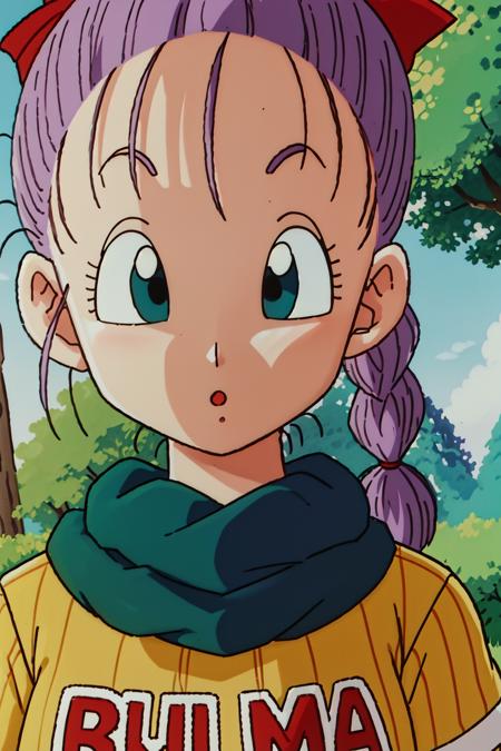 <lora:bulmaptp:0.7>, bulma, 1girl, solo, looking at viewer, open mouth, blue eyes, upper body, purple hair, hair bow, outdoors, sky, day, :o, character name, vertical-striped dress, tree, eyelashes, grass, nature, clothes writing, close-up, scarf, braided ponytail