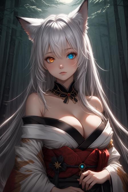 masterpiece,best quality,extremely detailed 8K wallpaper,white hair,long hair,
looking at viewer,upper body,1girl,foxdress,bare shoulders,cleavage,heterochromia,glowing eyes,japanese clothes,animal ears,upper body,
forest,night,horror \(theme\),