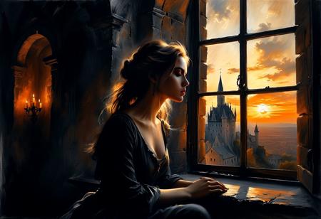 Charcoal and chalk drawings. Sketch, chiaroscuro, darkness,
concept art, wide angle, side view, dark fantasy style, painting depicting a young woman sitting in her castle at sunset in the evening and holding the audience. The room is dusty, rays of light cut through the darkness, creating a gloomy atmosphere. A young woman watches the siege of a city from the window of her castle, her expression both powerful and pensive.
Anna Razumovskaya, Casey Baugh, Antonio Mora, Aminola Rezai, Giovanni Boldini, art,