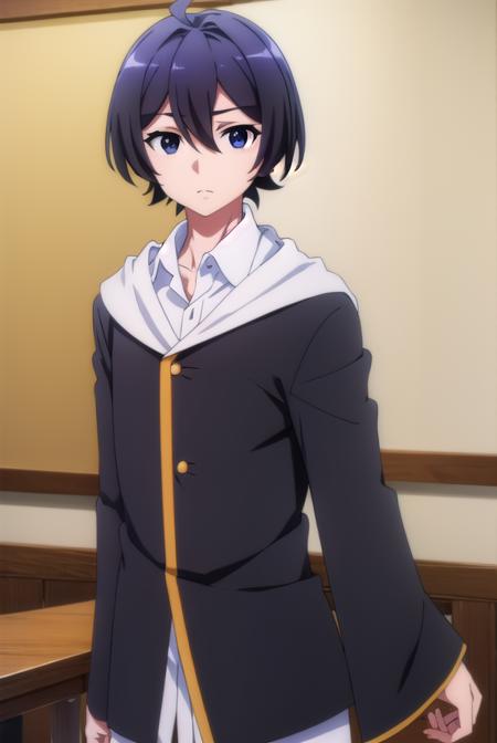 seiichihiiragi, <lora:seiichi hiiragi s2-lora-nochekaiser:1>,
seiichi hiiragi, black hair, hair between eyes, ahoge, male focus, (black eyes:1.5),
BREAK school uniform, hood, robe, shirt, white shirt, collared shirt,
BREAK indoors, classroom,
BREAK looking at viewer, (cowboy shot:1.5),
BREAK <lyco:GoodHands-beta2:1>, (masterpiece:1.2), best quality, high resolution, unity 8k wallpaper, (illustration:0.8), (beautiful detailed eyes:1.6), extremely detailed face, perfect lighting, extremely detailed CG, (perfect hands, perfect anatomy),