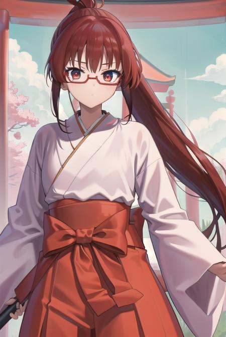 tomoekarijuku, <lora:tomoekarijukutest:1>, tomoe karijuku, long hair, (red eyes:1.1), ponytail, red hair, glasses, semi-rimless eyewear, red-framed eyewear,
BREAK skirt, japanese clothes, hakama, hakama skirt, miko, red hakama,
BREAK looking at viewer,
BREAK outdoors, shrine,
BREAK <lora:GoodHands-vanilla:1>, (masterpiece:1.2), best quality, high resolution, unity 8k wallpaper, (illustration:0.8), (beautiful detailed eyes:1.6), extremely detailed face, perfect lighting, extremely detailed CG, (perfect hands, perfect anatomy),