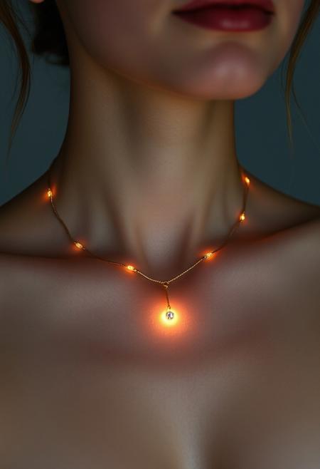 subdermal LED jewelry, soft natural glow beneath the skin, (embedded LEDs:1.5) forming a delicate gold necklace pattern under the skin, (subtle sapphire-like glow:1.4) centered at the clavicle, seamless integration with skin, high-definition, warm, natural skin tone, (soft light diffusion:1.3), under-the-skin LED glow enhancing natural features, ultra-realistic textures, subtle lighting that gently follows the body's contours, refined elegance, advanced subdermal technology, modern body modification, (minimalist tech-infused beauty:1.2), smooth light emanation from beneath the skin, high-resolution, understated and graceful