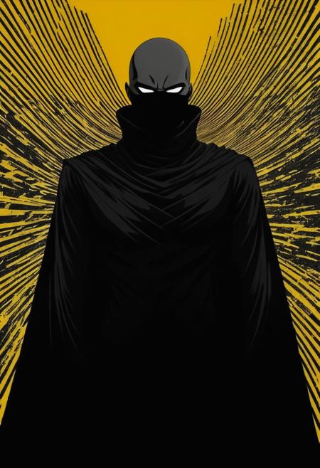 Closeup Portrait, An Abstract surreal n Abstract surreal colorful simple painted black saitama standing at a cliff with extreme Long Cape throughout the frame, katana, yellow Blood Splash, made of lines, vertical lines, horizontal lines, Portrait Made of intertwining snakes, weaving over and under each other throughout the frame, emphasis effect, moire effect, awash in colorful shades, seamlessly extends the lines,