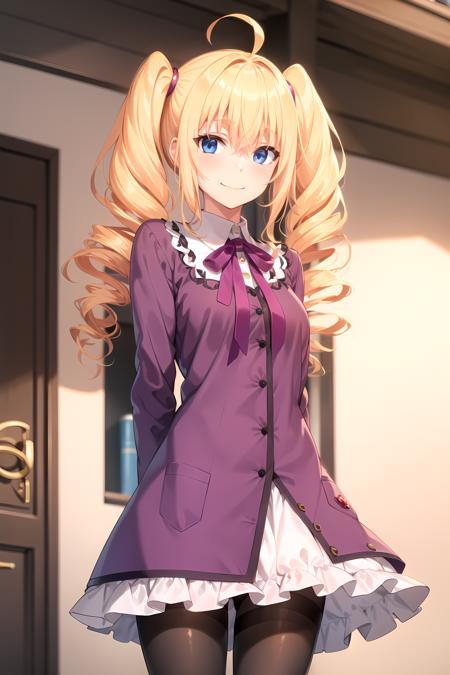 PhenexRavel blonde hair, blue eyes, twintails, drill hair, hair scrunchie, ahoge school uniform, black sweater, neck ribbon, black ribbon, red skirt purple dress, purple ribbon, pantyhose