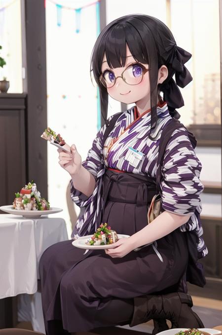 best quality, ultra-detailed, illustration,
BMC, 1girl, black hair, long hair, glasses, ponytail, hair ribbon, menu, holding, smile, happy, 
waitress, japanese clothes, yagasuri, hakama skirt, purple hakama, kimono, tasuki, cross-laced footwear, lace-up boots, 
indoors, food, plate, indoors, table, 
 <lora:Basyamichi_uniform_SD15_V7:1>