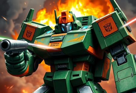 transformers generation 1, robot made of tank parts, scorn, with gorgeous detailed eyes in the style of precisionism, gaston bussiere, a picture, green and orange, tant turret, bucket helmet, wide focus, action pose, lasers, explosions, decepticon