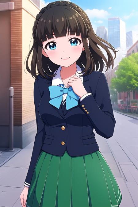 asahinakokomi black hair, blunt bangs, crown braid, medium hair, blue eyes blue jacket, blazer, blue bowtie, long sleeves, green skirt, pleated skirt, school uniform