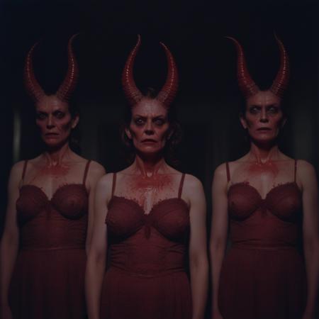 demons behind mother, symmetry, production still, dark horror, soft lighting, cinematic, red-core, 35 mm, panavision, visible film grain, highly detailed