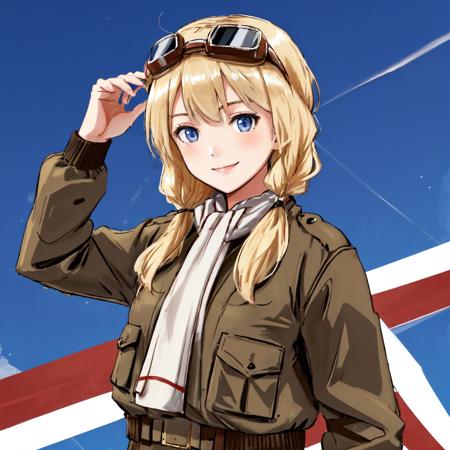 <lora:Carla-10:0.75> Carla , blonde hair , military uniform , goggles on head , jacket , scarf , smile , blue eyes ,