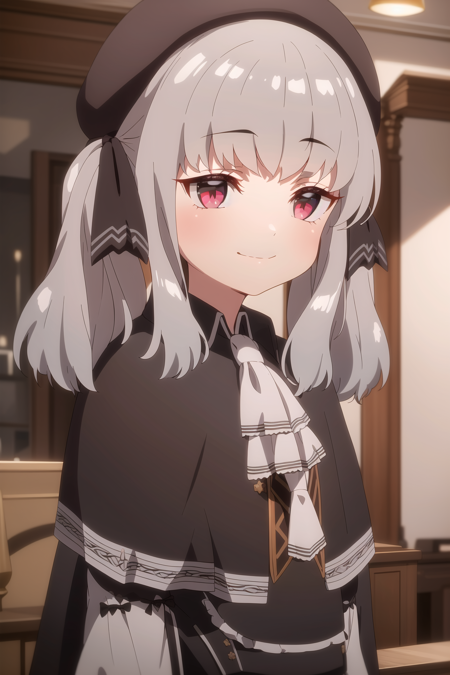 1girl, solo, looking at viewer, smile, bangs, red eyes, hat, ribbon, twintails, closed mouth, hair ribbon, upper body, grey hair, indoors, medium hair, pink eyes, ascot, black headwear, black ribbon, capelet, beret, black capelet, white ascot