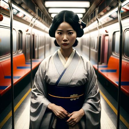 cinematic film still of Kodak Motion Picture Film: (Sharp Detailed Image) An Oscar winning movie for Best Cinematography a woman in a kimono standing on a subway train in Japan Kodak Motion Picture Film Style, shallow depth of field, vignette, highly detailed, high budget, bokeh, cinemascope, moody, epic, gorgeous, film grain, grainy