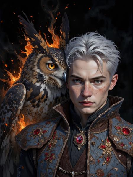 A fierce young man with cold gray hair and black eyes stands beside a majestic owl. His freckled skin glows in the cold light of the frost that dance around them. He wears an ornate gray and red embroidered vest adorned with intricate fire patterns, a matching pendant with an ruby gemstone resting at his throat. His expression is intense, determined, and regal. The owl, its feathers a radiant blend of gray and brown, presses close to him, its sharp beak and piercing eyes exuding power and wisdom. fire ash float in the air, casting an ethereal glow against the dark background, as if the world itself bends to their presence.
