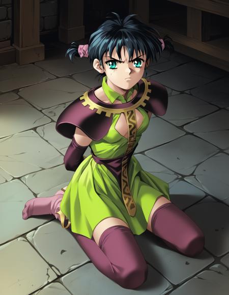 silvanna, green dress, (shoulder armor:0.4),  (purple armor:0.4),  purple thighhighs