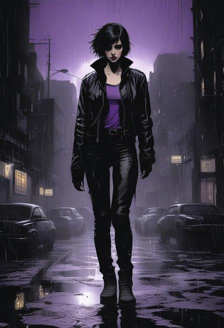 Illustration, style of  Frank Miller, full body, young woman, short dark hair, leather jacket, standing in the rain, dark dystopian cyberpunk city street, black and white, purple color accents.