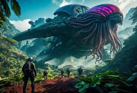 A 32k HQ Wallpaper of a futuristic spaceship crew landing on an alien world, captured in detailed clarity with high-performance camera settings and a wide-angle lens that captures the vast landscape and the unfamiliar flora. In the center of the image, the spaceship's captain strides confidently towards the foreground, flanked by a muscled, heavily armed sergeant and a pair of uniquely adept pilots. In the distance behind them, a massive creature with tentacles emerges from an exotic forest. The image is captured in vibrant, intense colors that create a mood of both awe and danger --s 1000