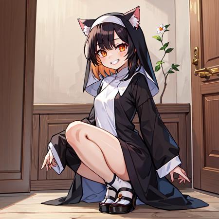 masterpiece, 1girl, best quality, indoors, medium hair, black hair, crossed bangs, small breasts, orange eyes, cat ears, grin, open mouth, full body, nun, habit, black robe,