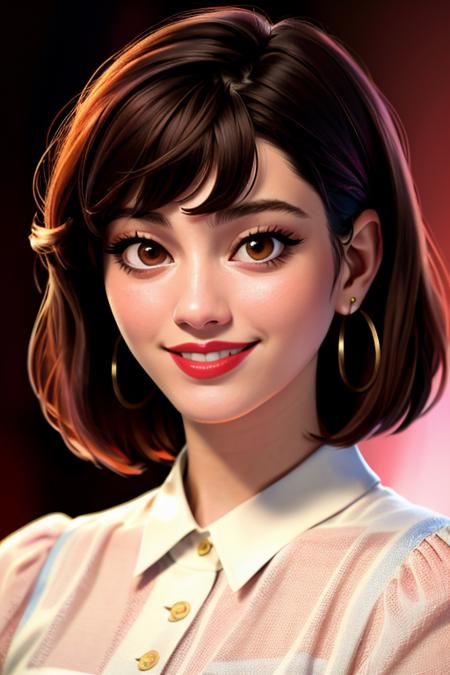 Realistic photo of a beautifulm4ry3w-v1 woman,  1girl, solo, looking at viewer, smile, short hair, bangs, brown hair, black hair, brown eyes, jewelry, earrings, parted lips, teeth, grin, blurry, lips, makeup, lipstick, portrait, realistic, red lips, soft lighting, professional Photography, Photorealistic, detailed, RAW, analog, sharp focus, 8k, HD, DSLR, high quality, Fujifilm XT3, film grain, award winning, masterpiece<lora:m4ry3w-v1:1.0>