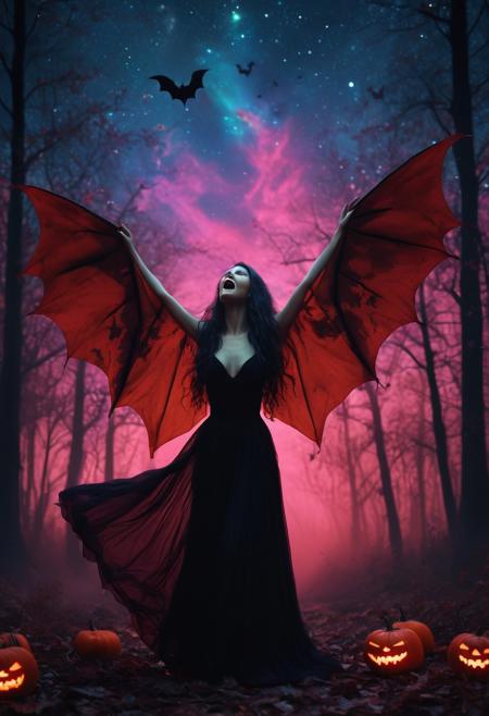 masterpiece, high quality, abstract, angelic woman, wings, screaming, vampire lady, elegant vampire clothes, centered, side view, black silhouette of a girl, (long flowy hair), flowy skirt, red bloody forest background, ((dynamic pose)), night time, dark theme, starry sky, glowing hair, cinematic, vivid colors, ((saturated neon colors)), perfect hands, anzhcdreamwave, aesthetic, Perfect Hands, aurora borealis, ((glowing halloween pumpkins)), ((bats))
